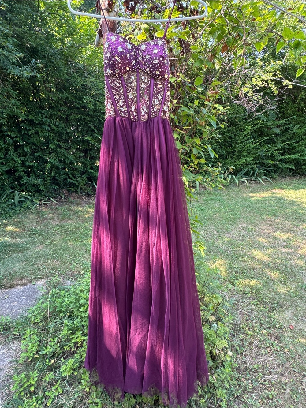 Elegant Strapless Beaded Plum Evening Gown